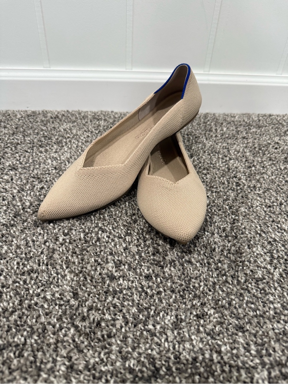 Rothy's Beige Pointed-Toe Flats with Blue Heel Trim
